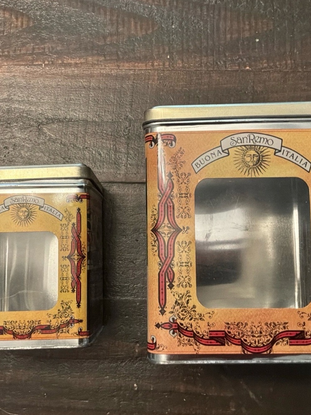 2 Vintage San Remo Tins Kitchen
Canister Set with Plastic Window by Himark